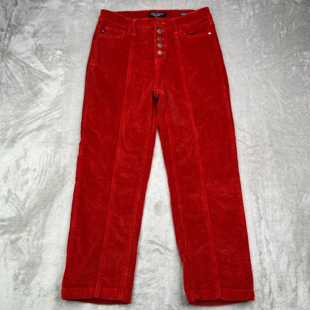 Judy Blue Corduroy Pants Women 9 Red Ankle Straight Front Seam Button Fly Preppy